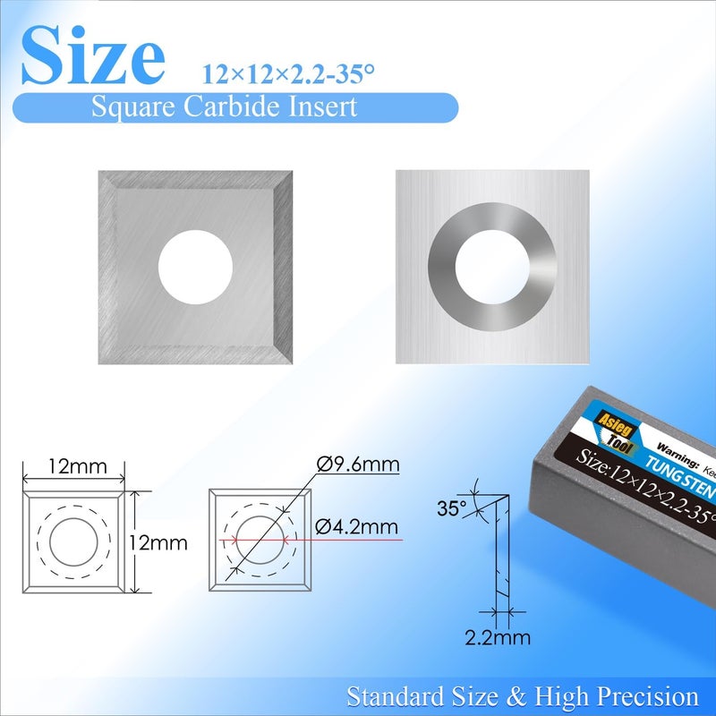Asieg Tool 12mm Square Tungsten Carbide Replacement Cutters Inserts 12x12x2.2mm Replacement for Woodworking Fits Spiral Helical Planer Cutter Head 10pcs - Image 2